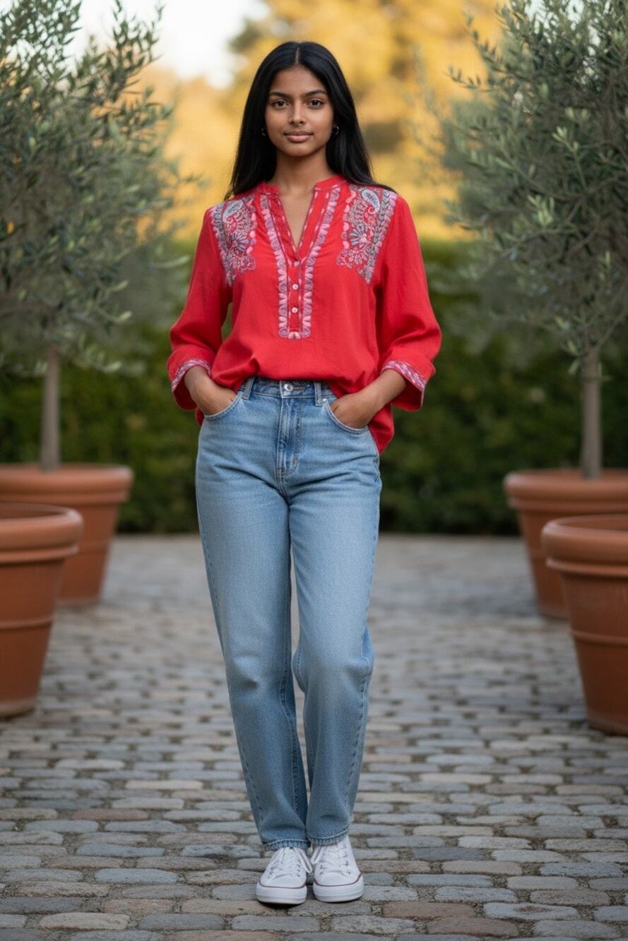 igrid Olsen Women’s Silk Blend Blouse Size Small Red Floral Embroidered Boho